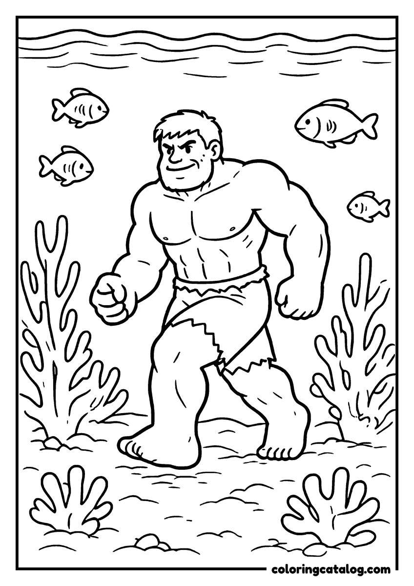 Hulk coloring page of Hulk walking on the sea floor among fish and coral
