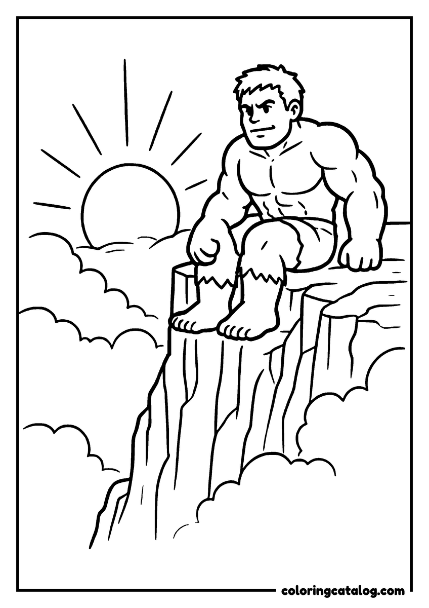 Hulk coloring page of Hulk sitting on a cliff above the clouds watching the sun