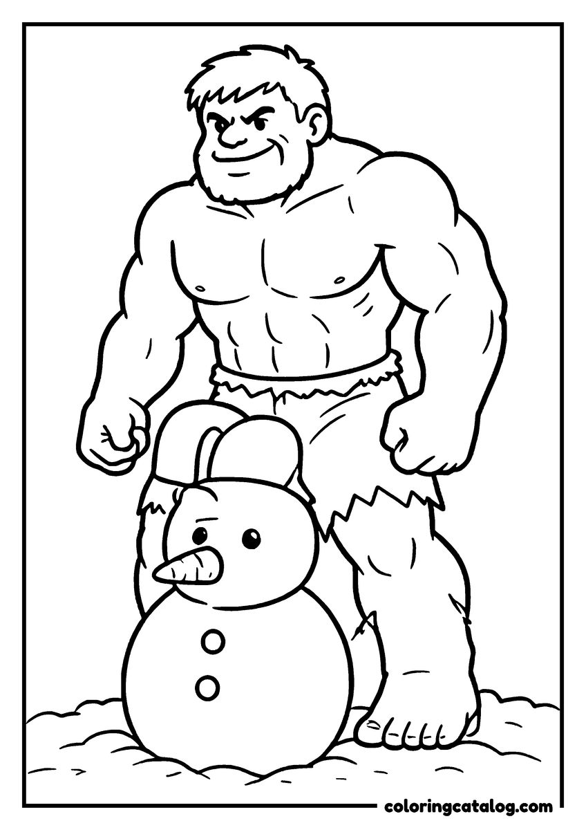 Hulk coloring page of Hulk standing behind a little snowman