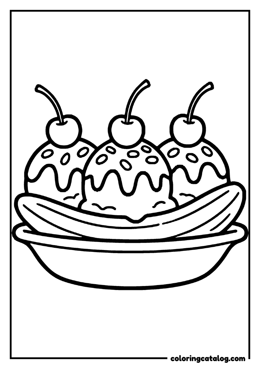 Free Ice cream coloring sheet: Three cherry-topped scoops in a banana split dish, each with sauce running down its side