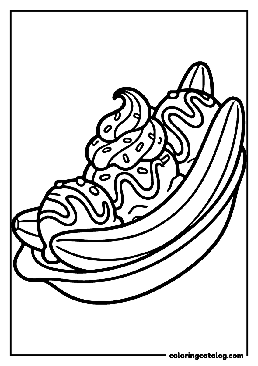 Ice cream coloring page: A banana split with scoops and a swirl between two banana halves, sauce zigzagged over the top