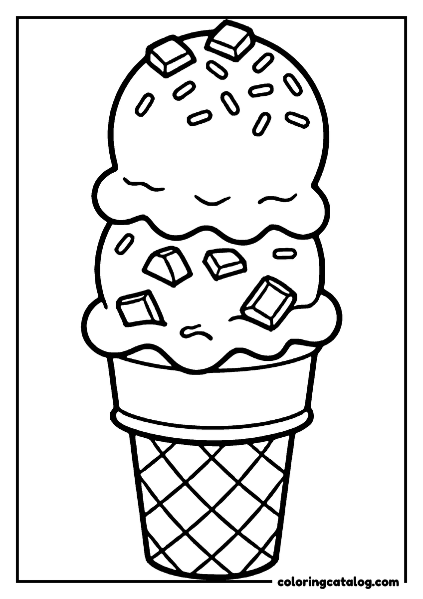Free Ice cream coloring sheet: Two scoops studded with chocolate chunks and sprinkles on a criss-cross cone