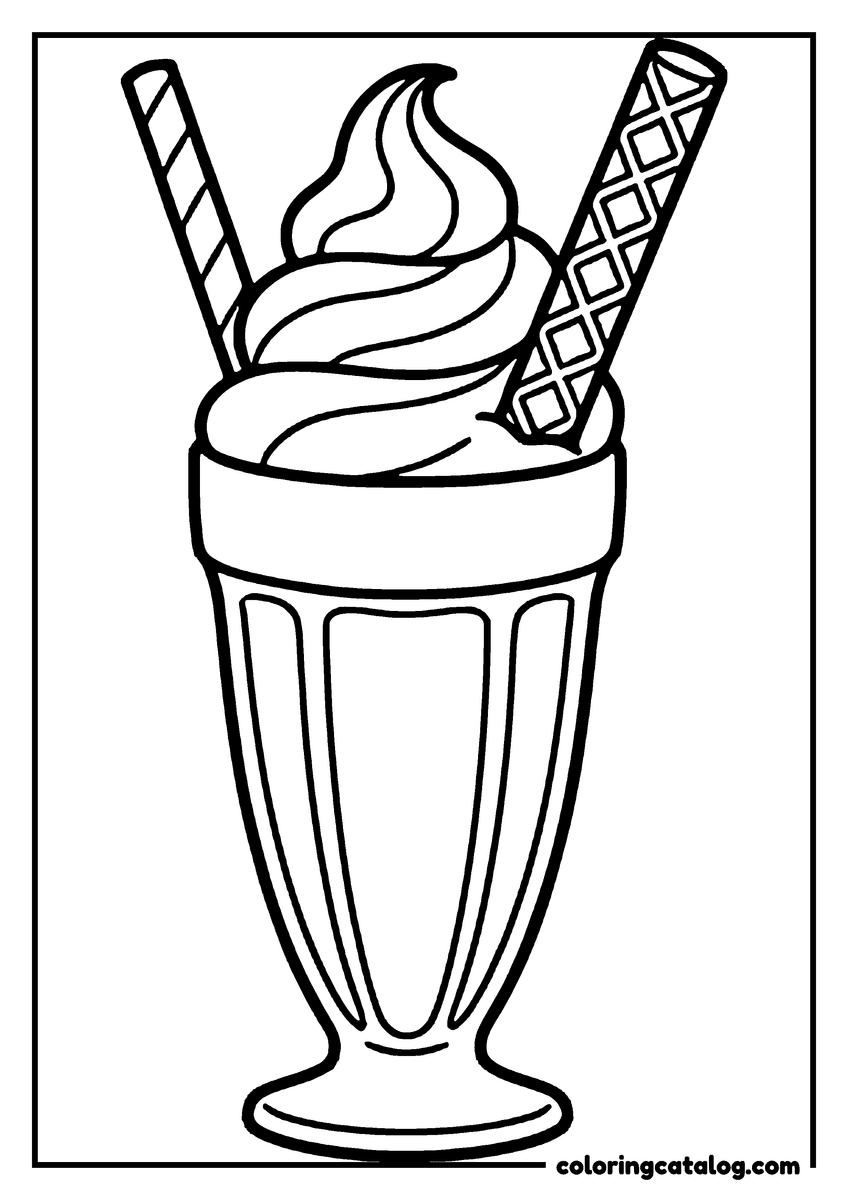 Free Ice cream coloring sheet: A sundae glass with a soft swirl, a striped straw on one side and a waffle wafer on the other