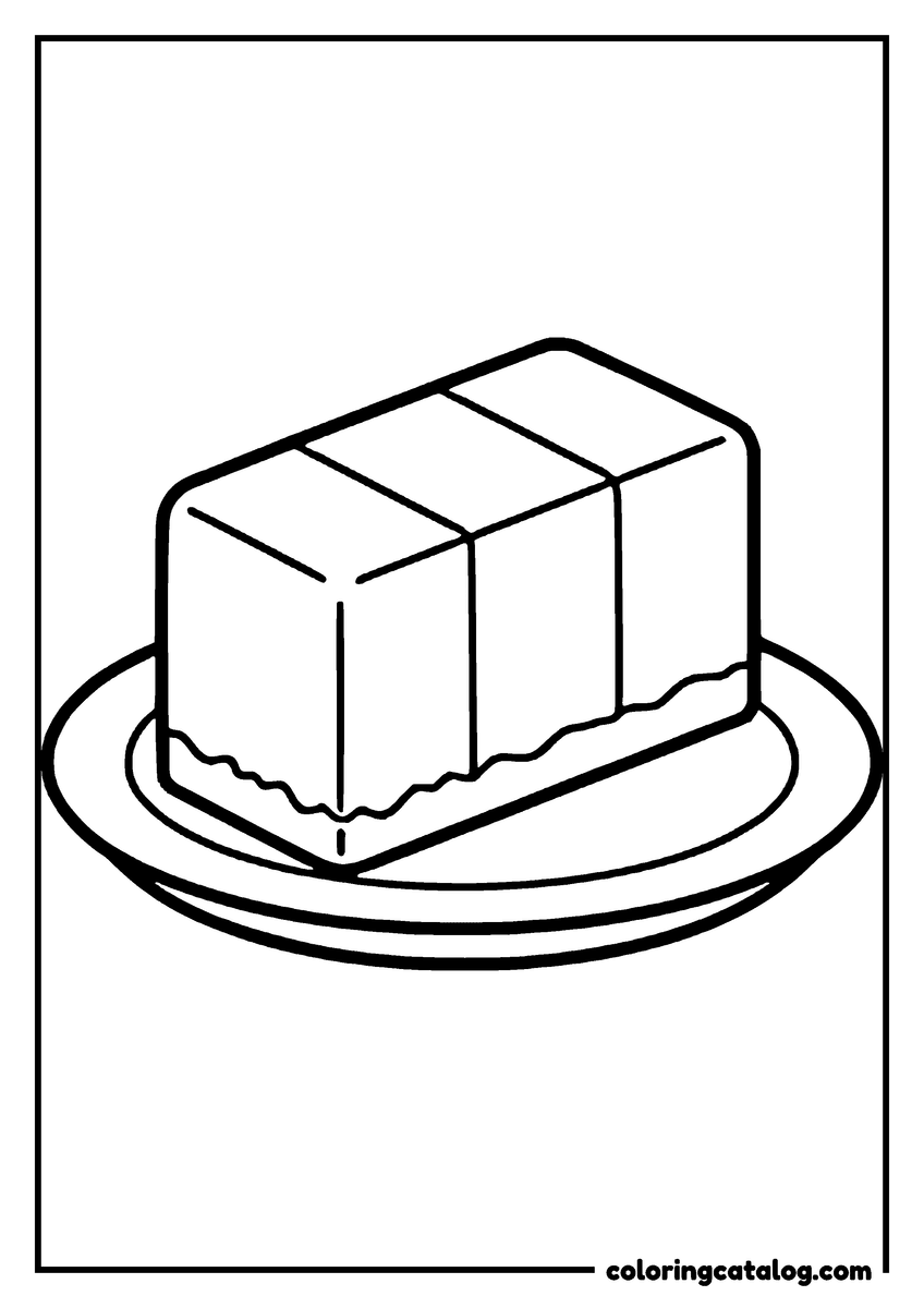 Coloring page: A three-flavour block of ice cream starting to melt on a round plate