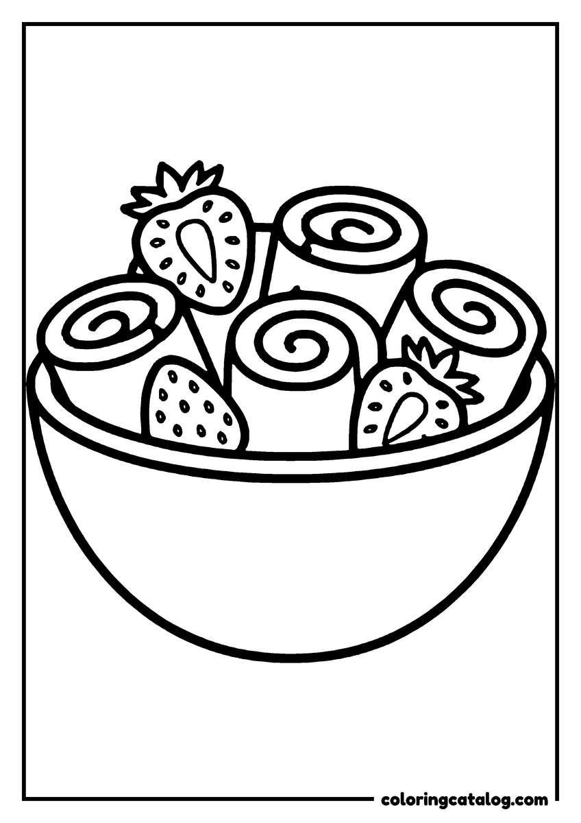 Coloring page: Rolls of ice cream stood upright in a bowl, with strawberry halves tucked between them
