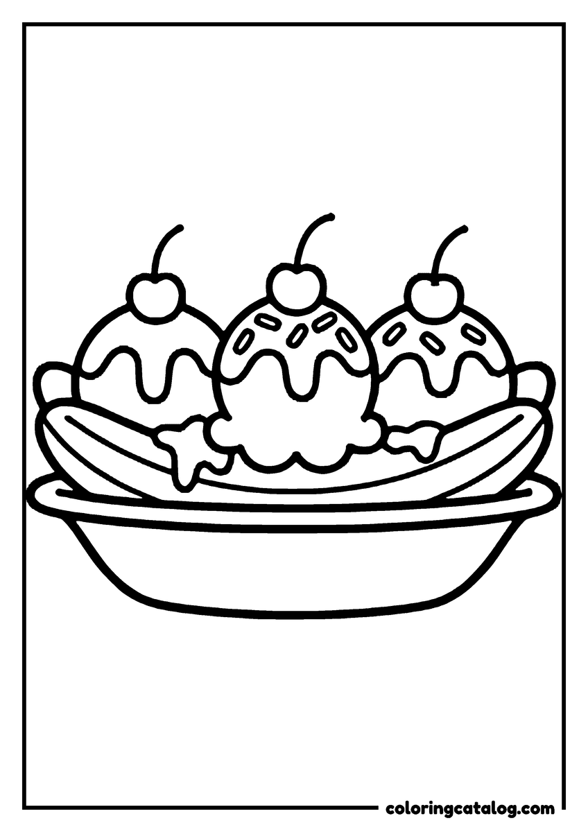 Ice cream coloring page: Three cherry-topped scoops sitting on banana halves in an oval dish