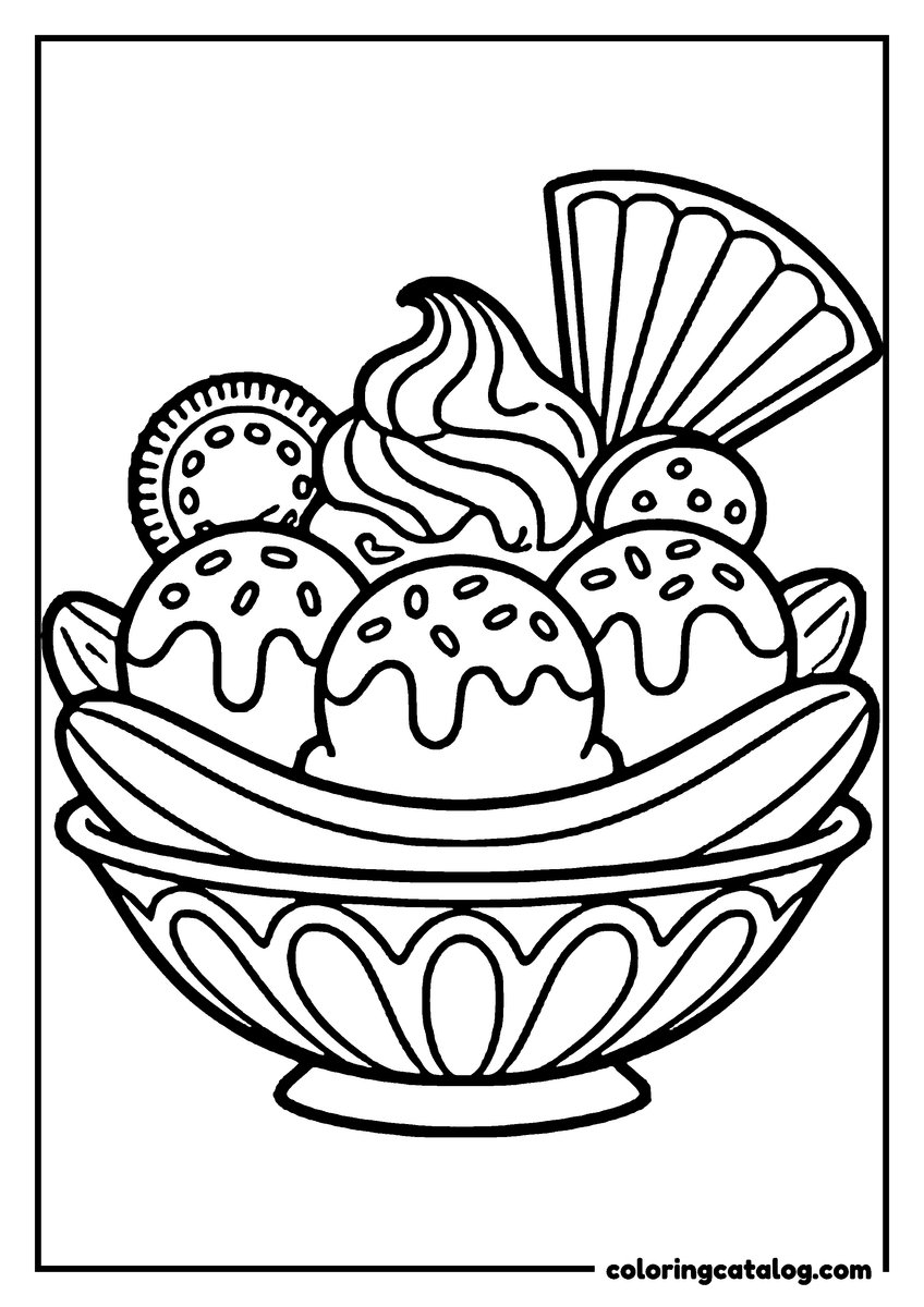 Ice cream coloring page: A loaded coupe with three scoops, a swirl, a sandwich biscuit and a fan-shaped wafer over banana halves