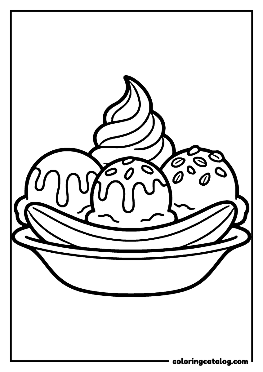Printable Ice cream coloring page: Three scoops and a soft swirl resting on a banana in a shallow bowl