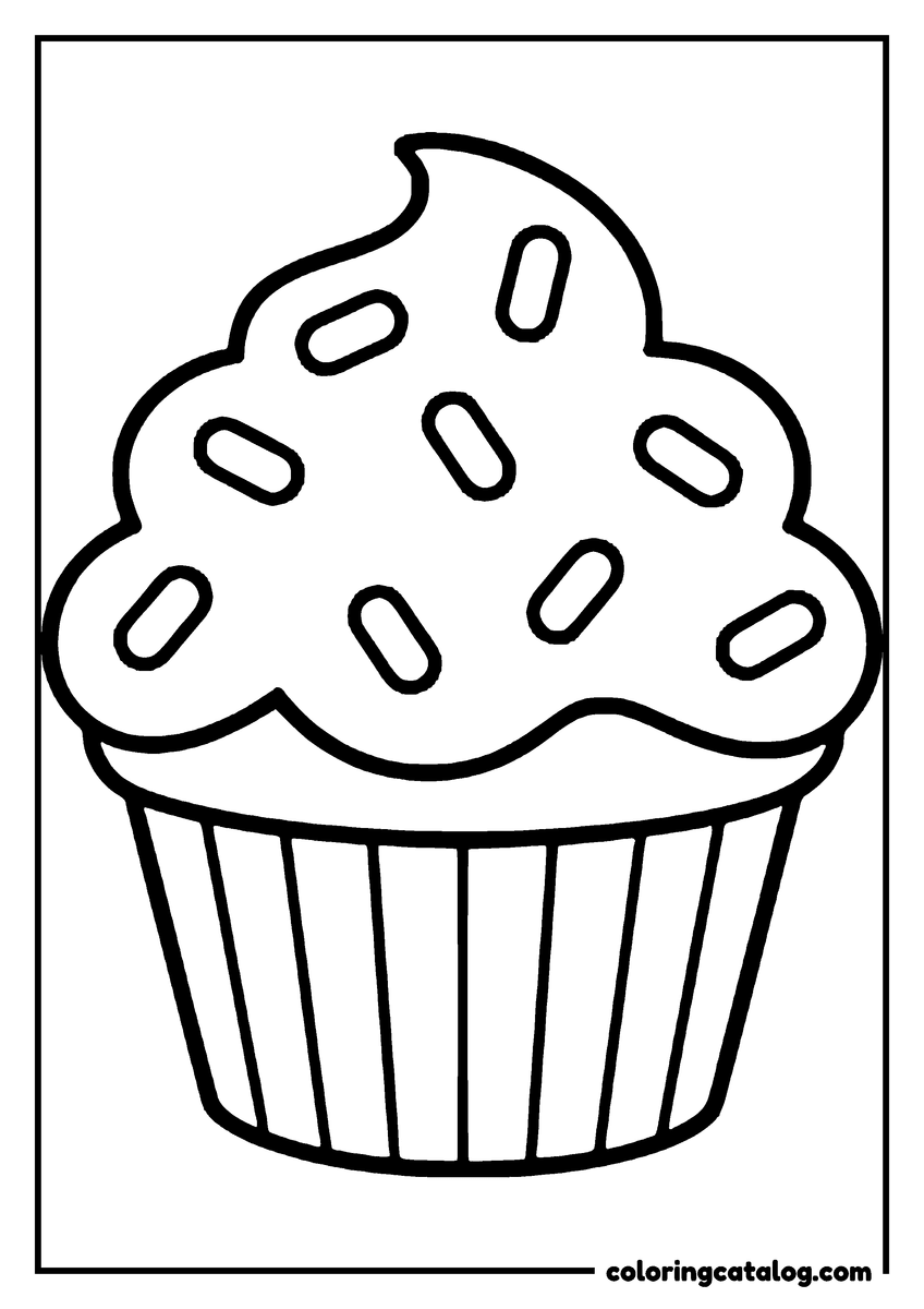 Printable coloring page: A tall swirl of ice cream covered in sprinkles, served in a fluted paper cup