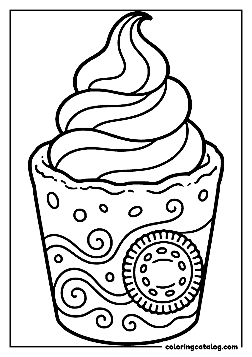 Printable Ice cream coloring page: A tall soft swirl in a tub patterned with spirals, a sandwich biscuit tucked against the side