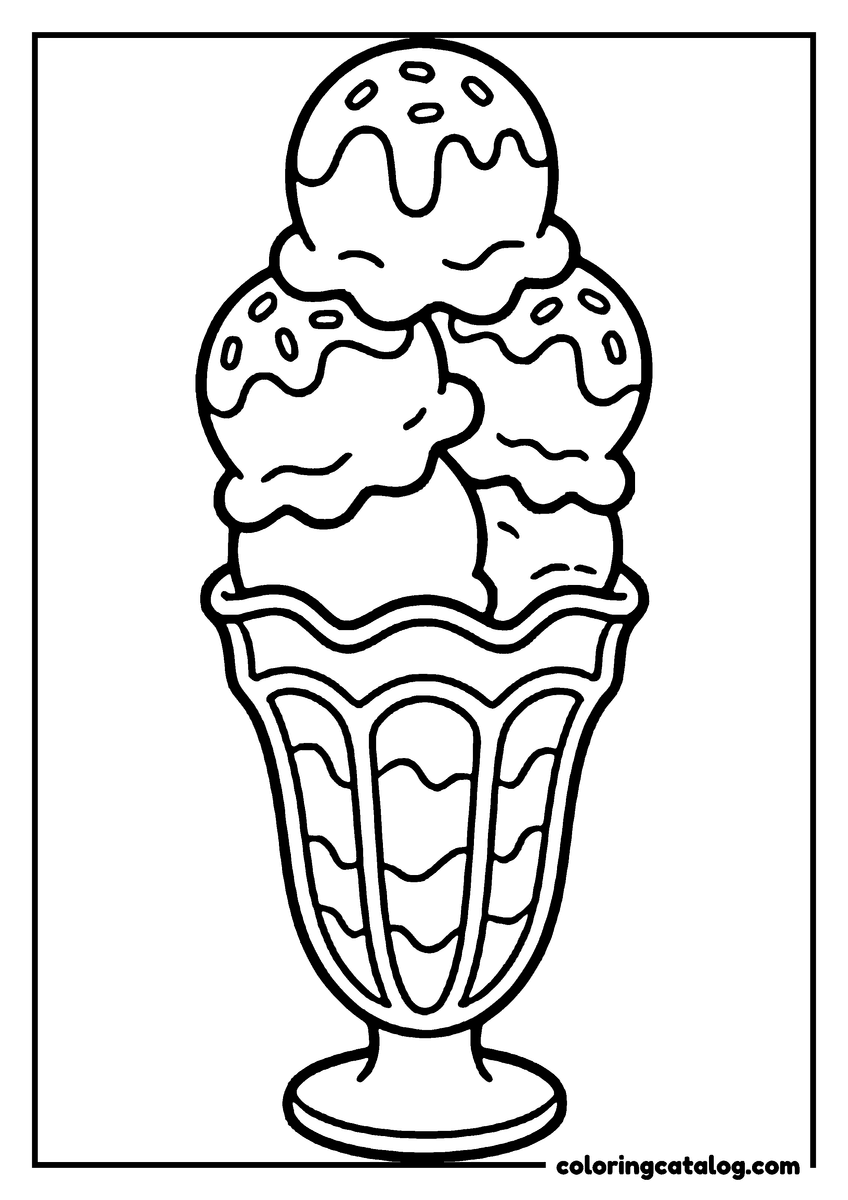 Free Ice cream coloring sheet: Four scoops piled in a tall fluted glass with a wavy pattern running down it