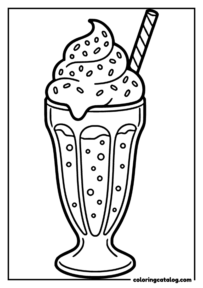 Ice cream coloring page: A tall glass of sundae topped with a sprinkled swirl, a striped straw leaning out of it
