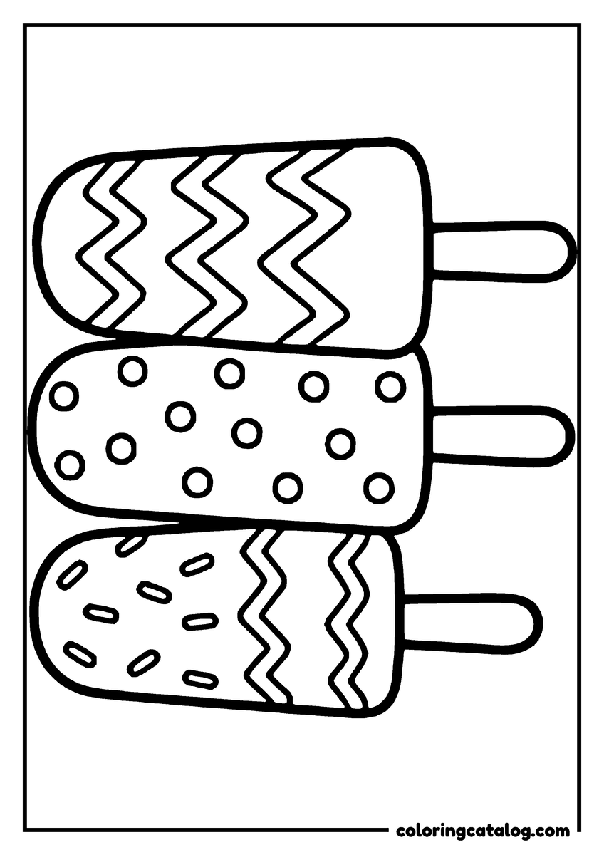 Ice cream coloring page: Three ice lollies stacked one above another, patterned with zigzags, dots and sprinkles