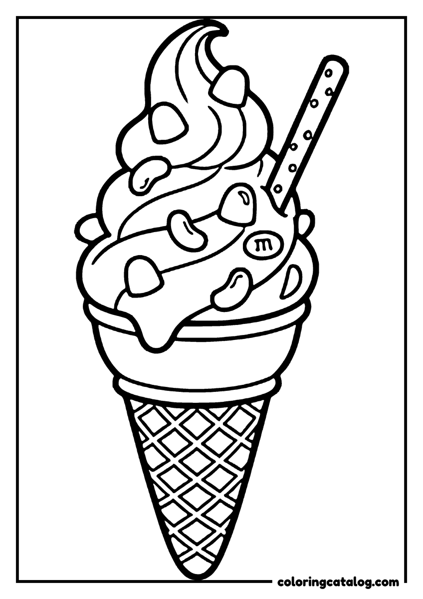Ice cream coloring page: A soft swirl studded with candy-coated chocolates on a waffle cone, a wafer stick planted in the side