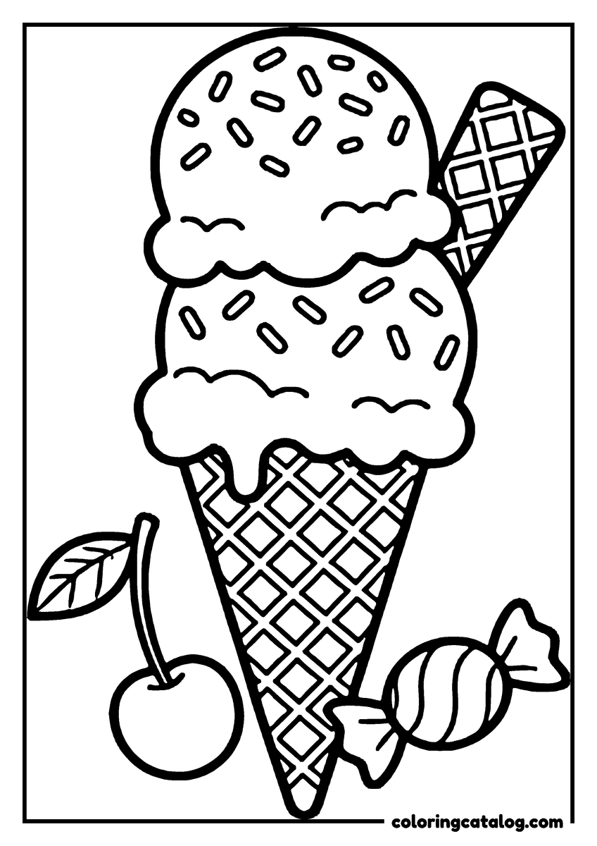 Free Ice cream coloring sheet: Two sprinkled scoops on a waffle cone, with a wrapped sweet and a cherry lying at the base