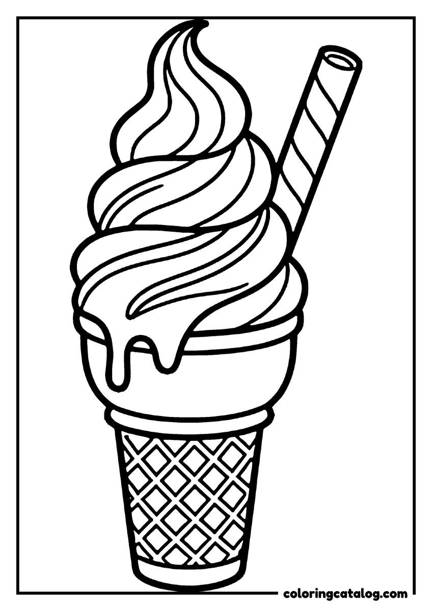 Printable Ice cream coloring page: A tall soft swirl overflowing a waffle cone, a striped wafer stick leaning against it