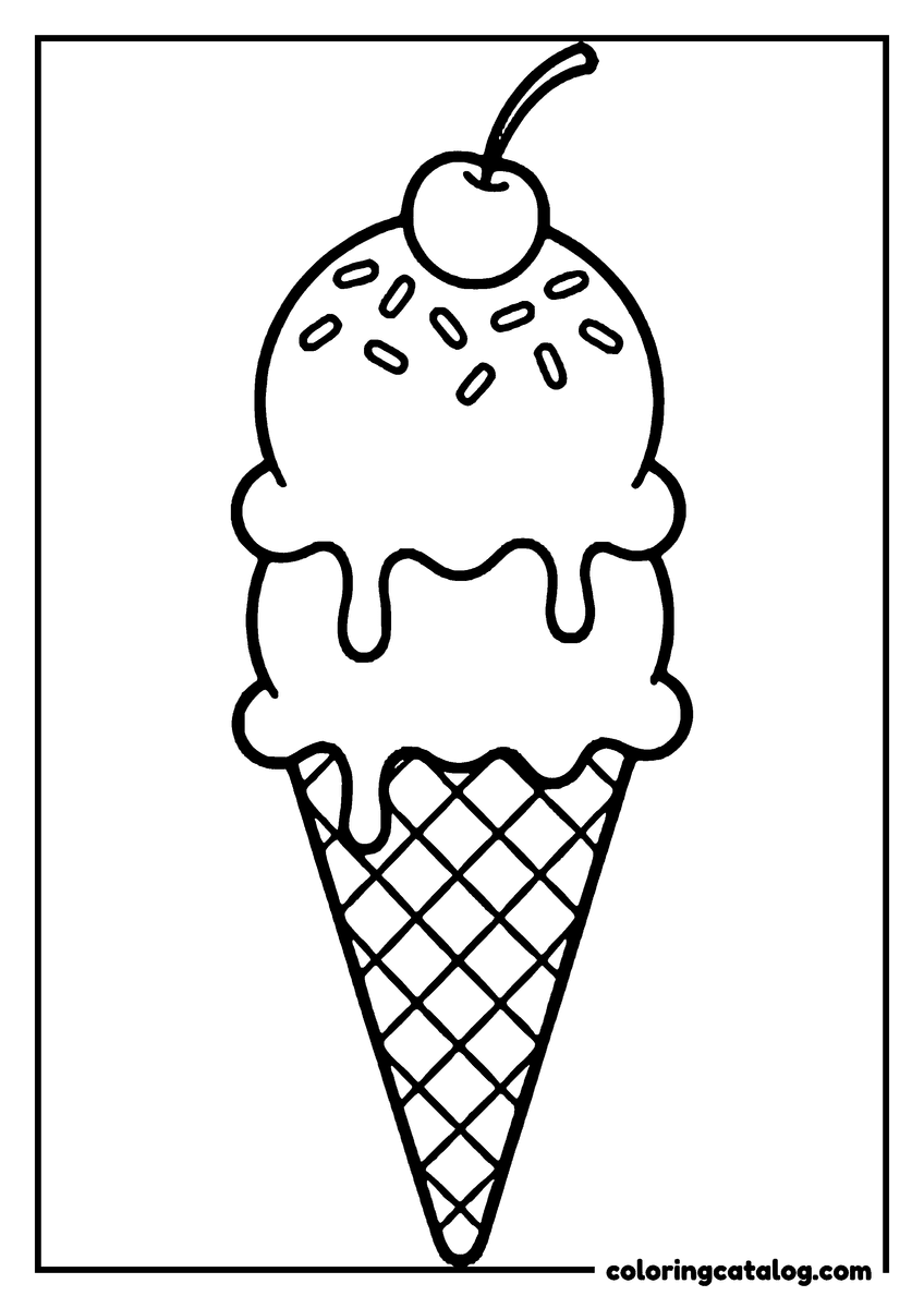 Ice cream coloring page: Two scoops on a waffle cone with a cherry on top and sauce running down the side