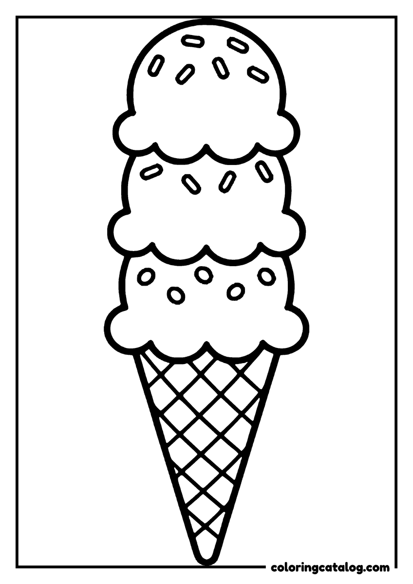 Printable Ice cream coloring page: Three scoops stacked on a waffle cone, one with sprinkles and one with chocolate chips