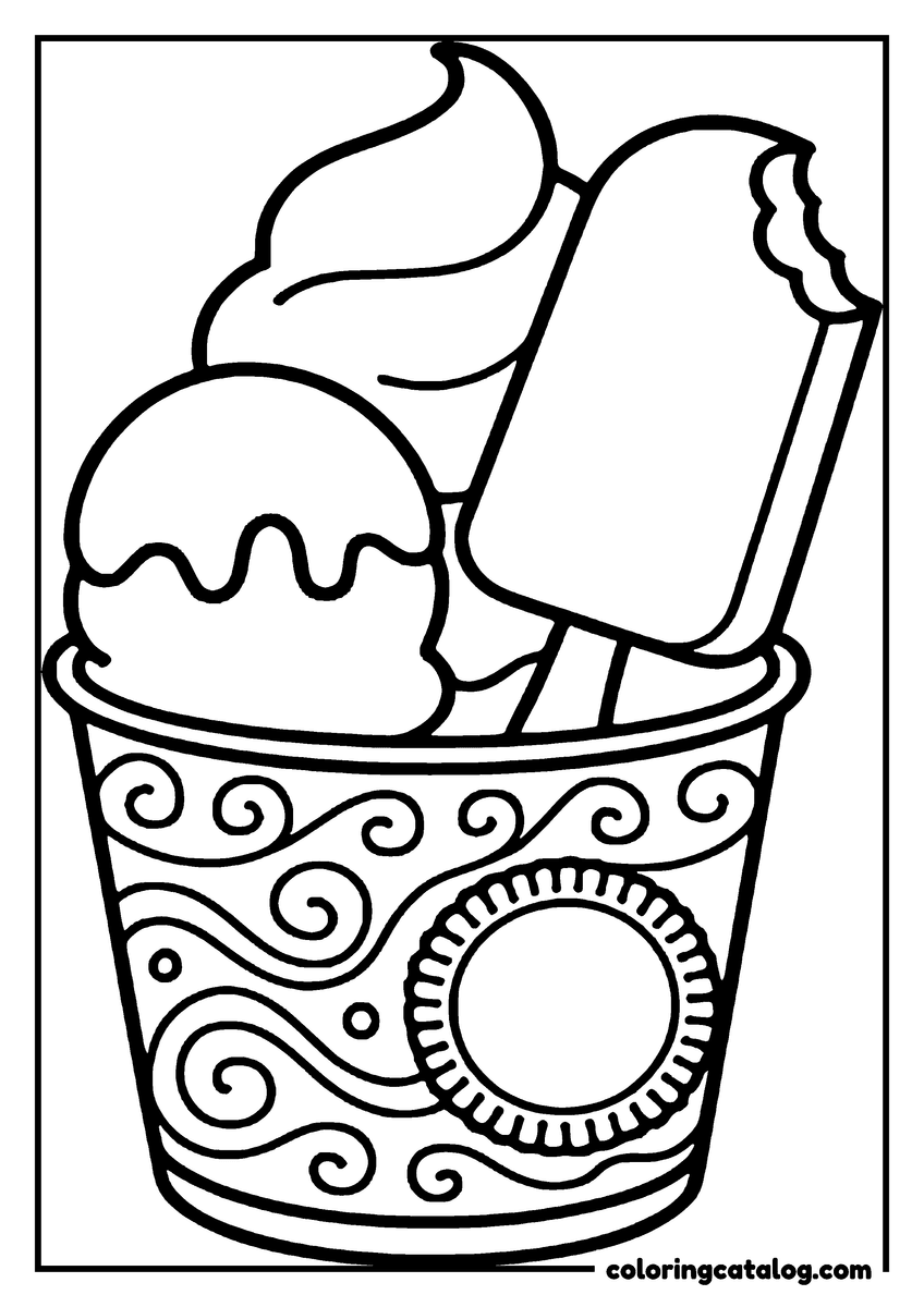 Free Ice cream coloring sheet: A scoop, a soft swirl and a bitten lolly together in a patterned tub, a sandwich biscuit resting against the side
