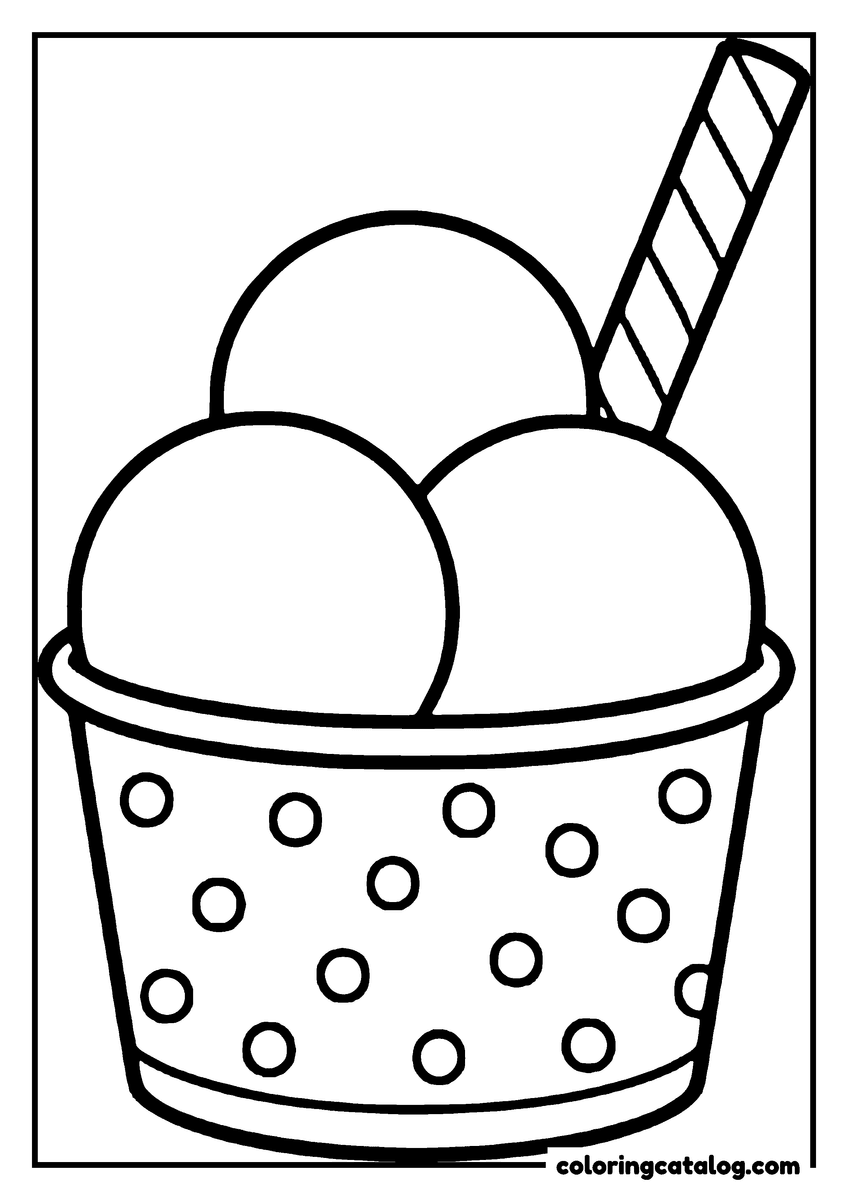 Ice cream coloring page: Three plain scoops in a spotted tub with a striped wafer stick