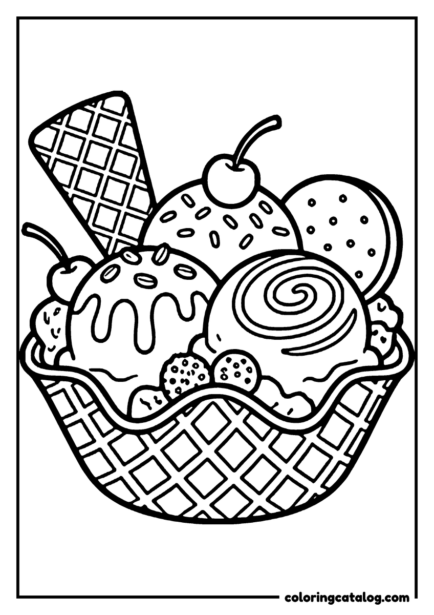 Printable Ice cream coloring page: A waffle basket filled with five scoops, a cherry and biscuits, a wafer standing up at the back