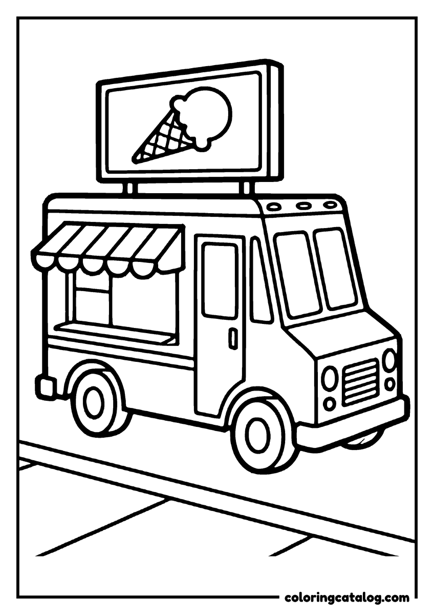 Printable coloring page: An ice cream van parked at the kerb, a giant cone on its roof and a striped awning over the window