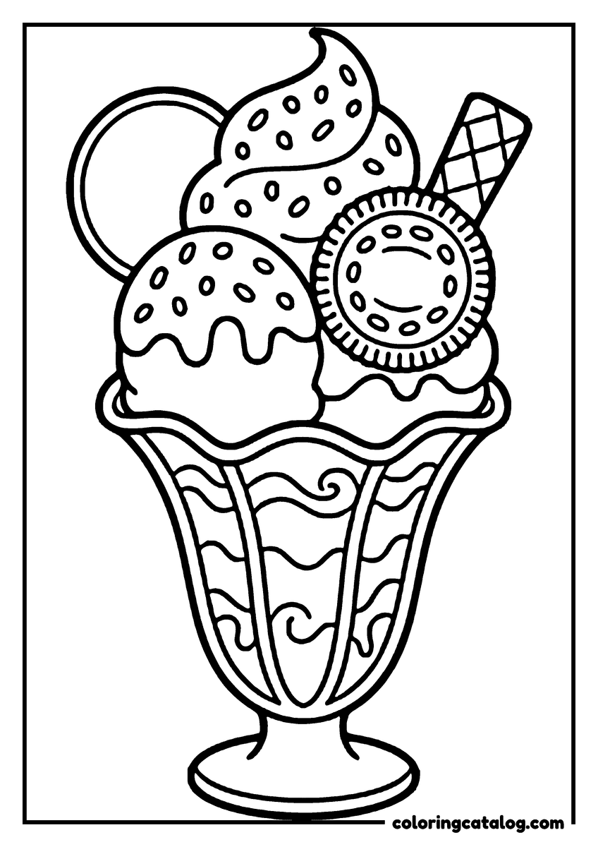 Printable Ice cream coloring page: A sundae in a tulip glass with two scoops, a soft swirl, a sandwich biscuit and a wafer stick