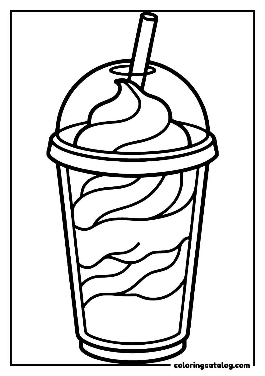 Ice cream coloring page: A milkshake under a domed lid with a straw through the top, the swirl visible inside the cup