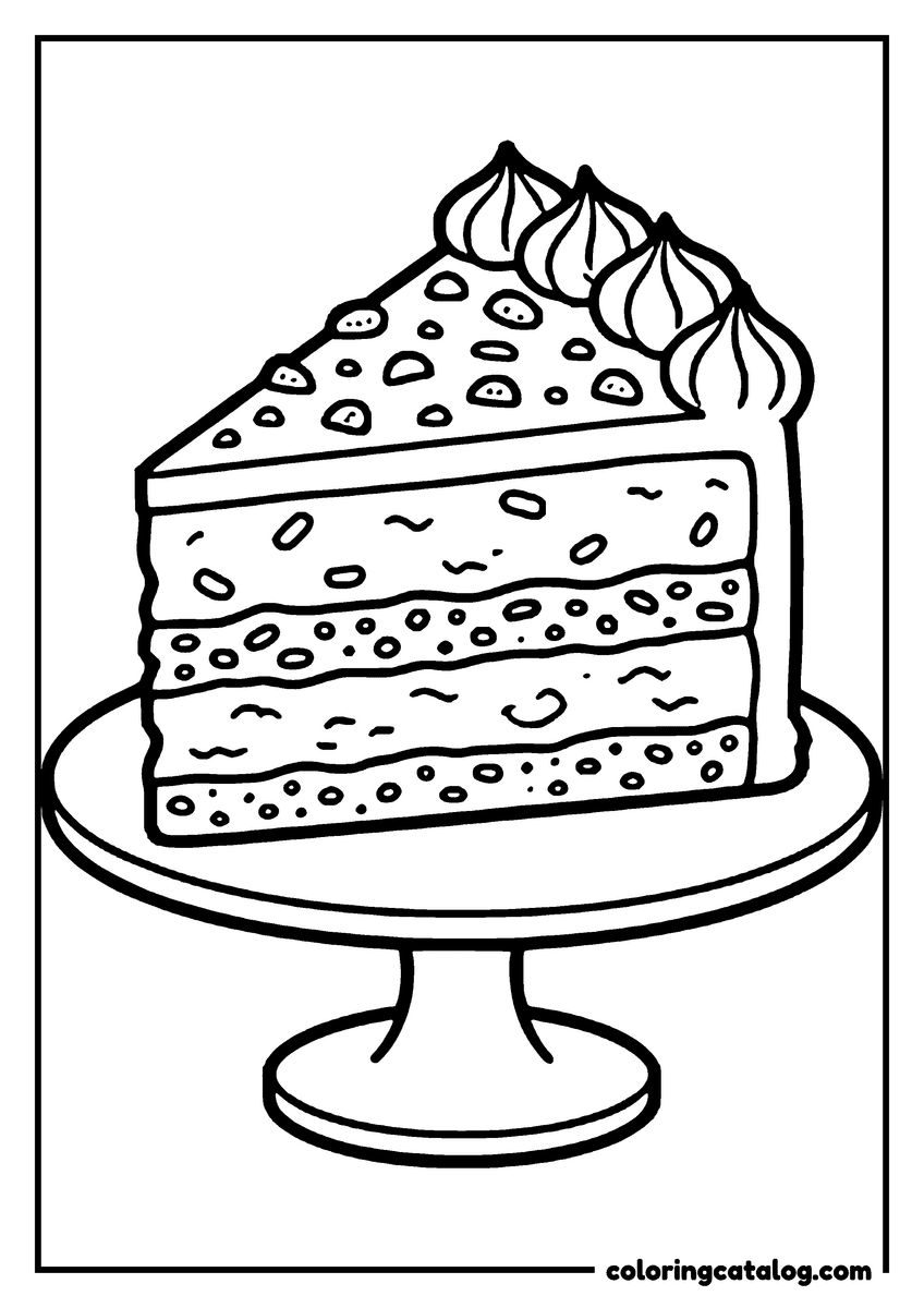 Printable Ice cream coloring page: A tall slice of layered cake with cream rosettes along the top, standing on a cake stand