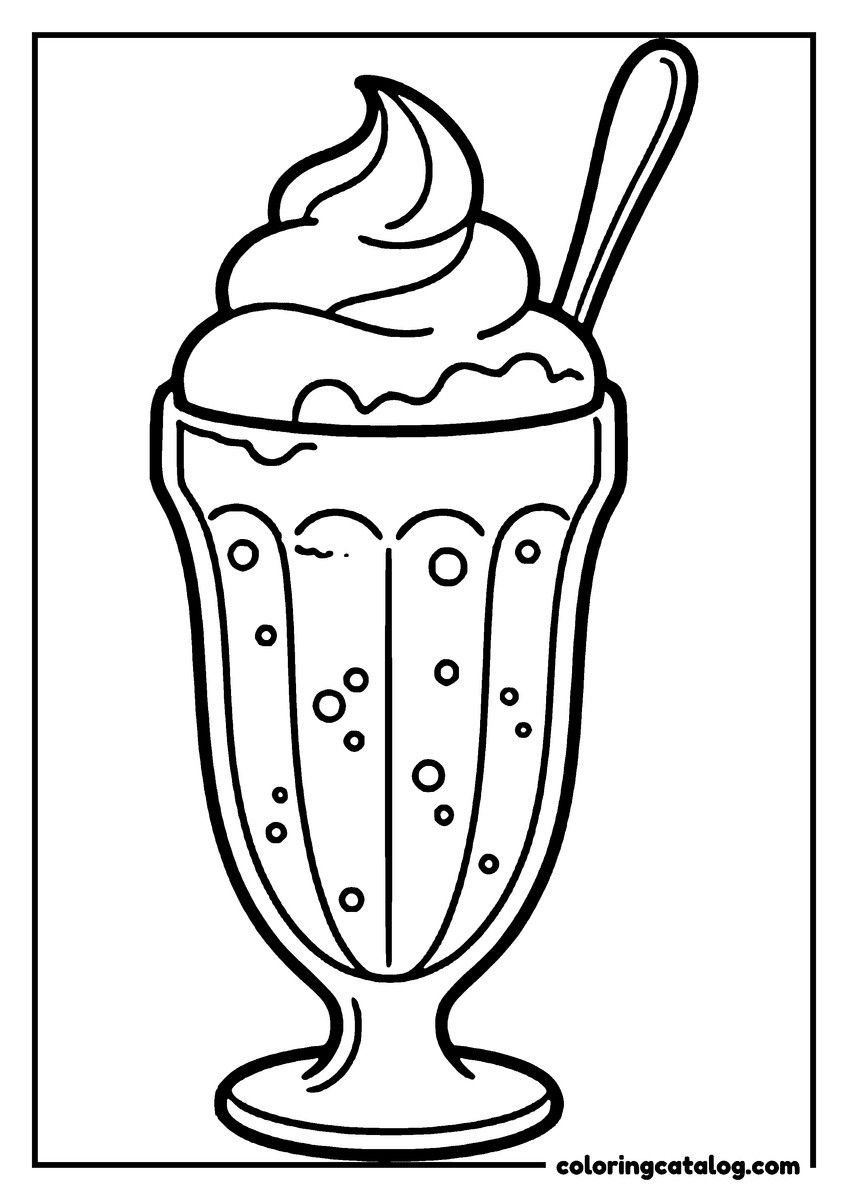 Ice cream coloring page: A sundae in a footed glass topped with a swirl, a long spoon standing in it