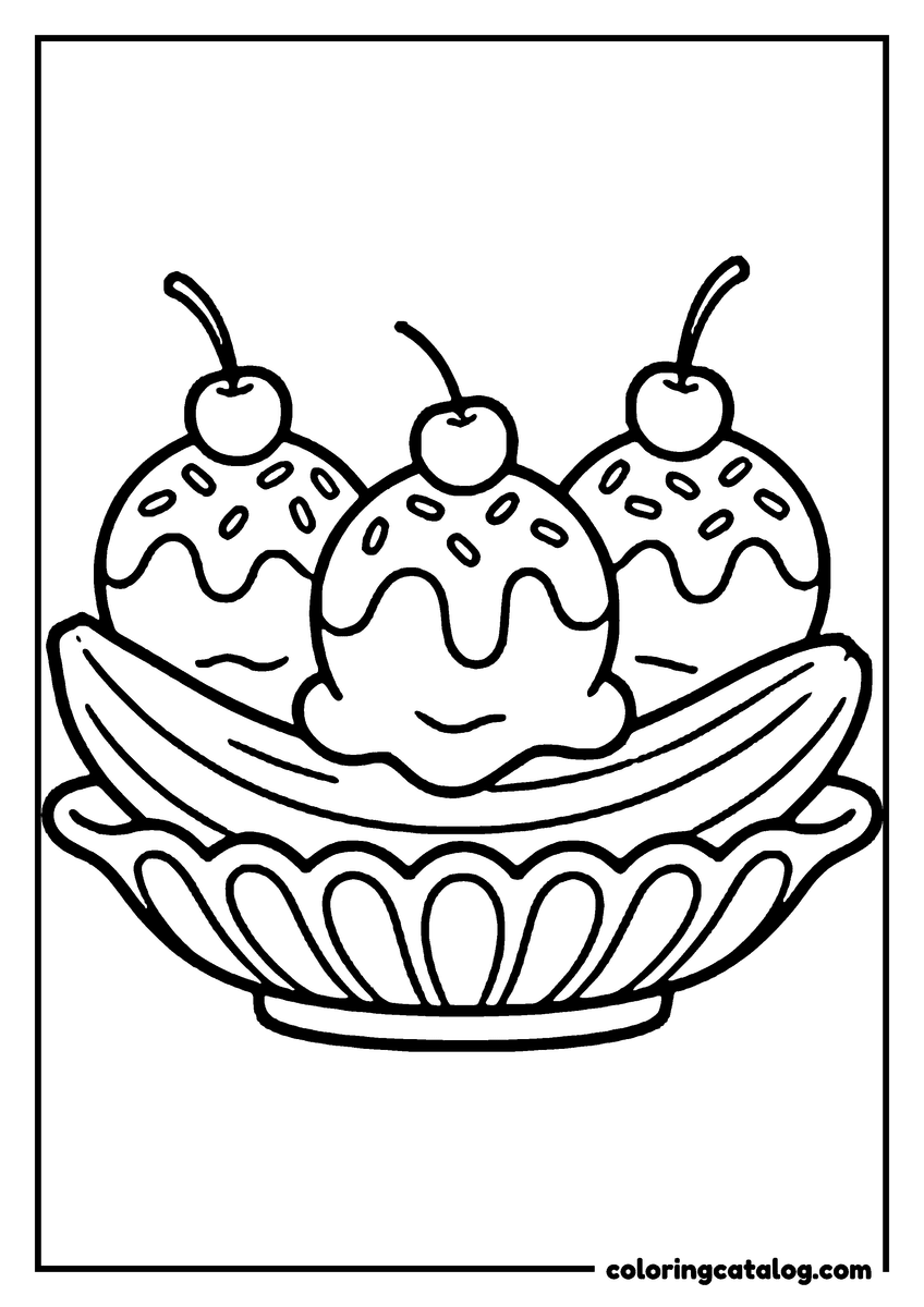 Free Ice cream coloring sheet: Three cherry-topped scoops sitting on a banana in a fluted dish