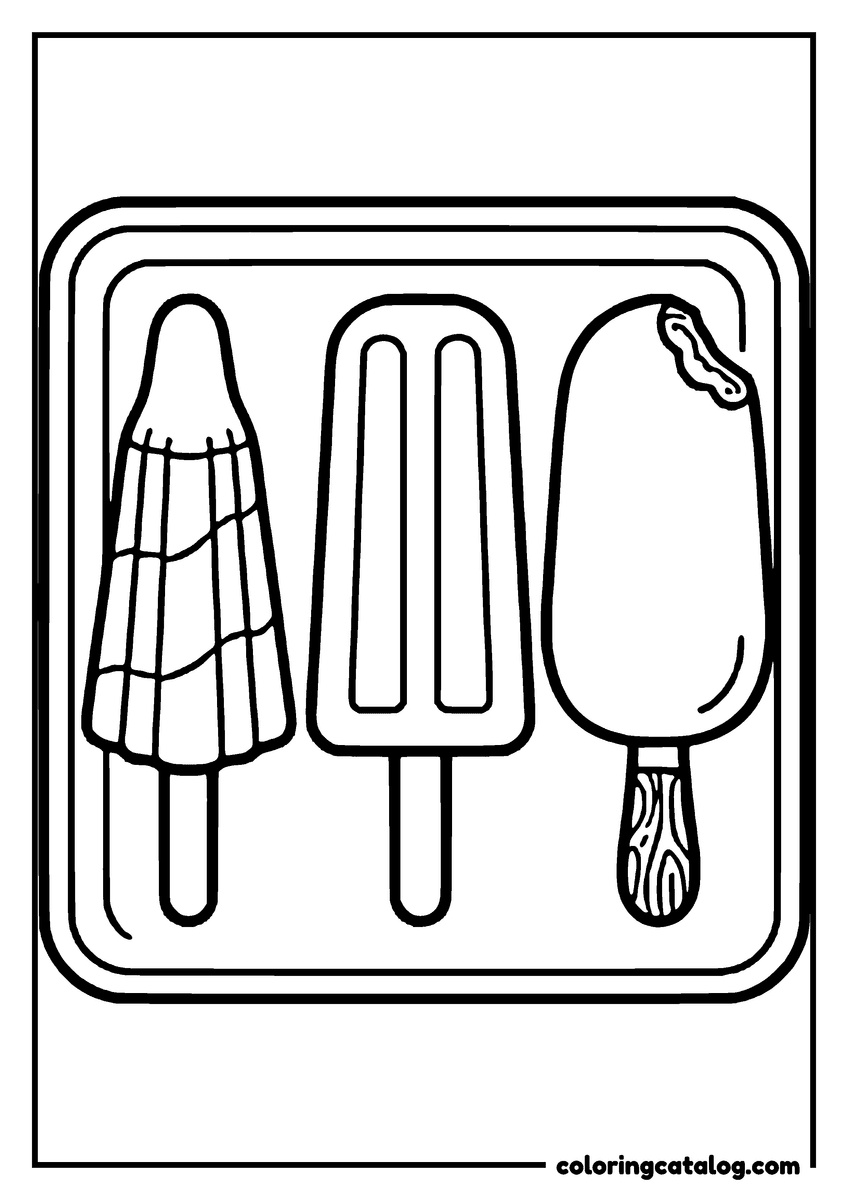 Printable Ice cream coloring page: Three ice lollies side by side on a tray, one ribbed, one plain and one dipped with a bite taken out