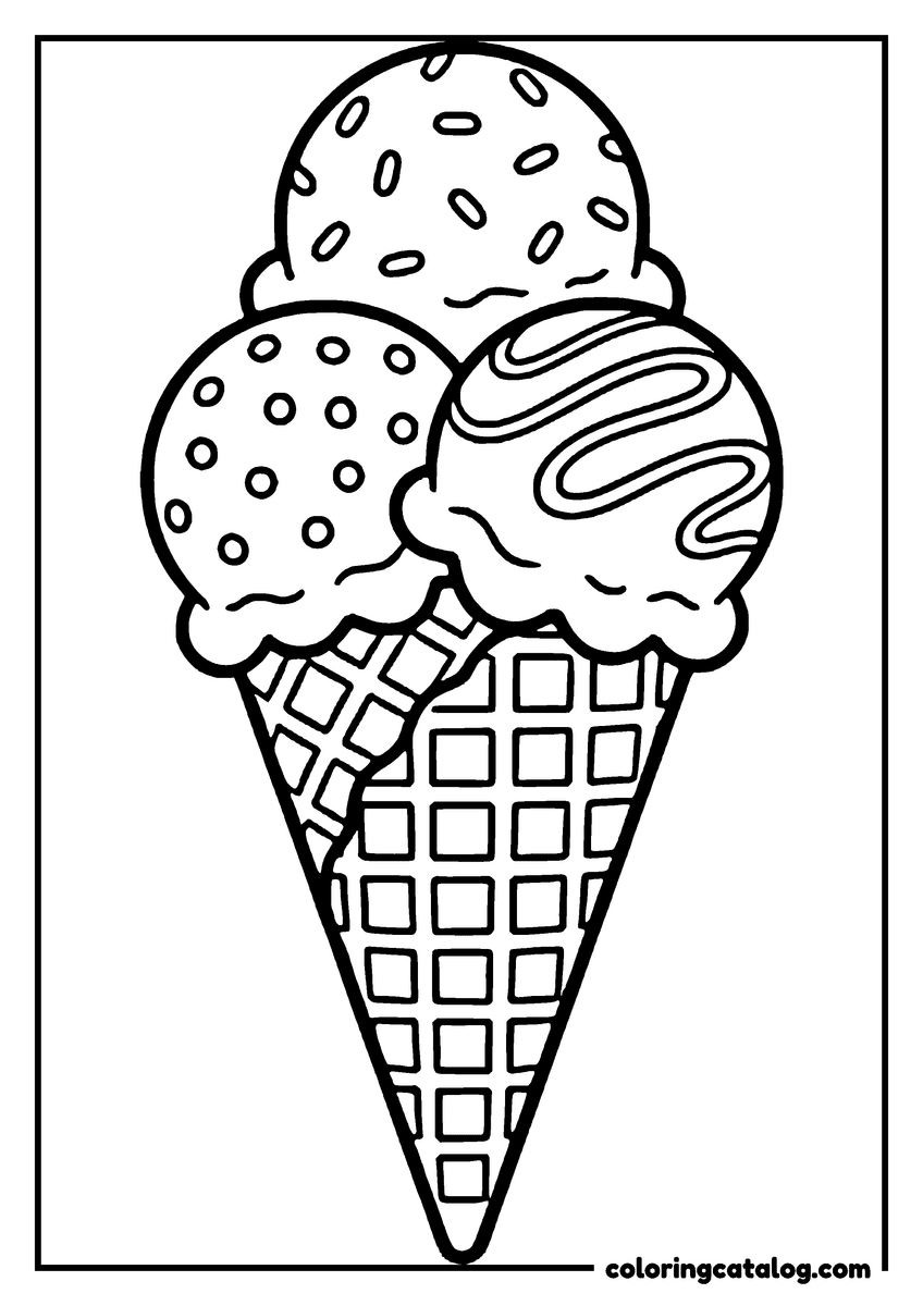 Free Ice cream coloring sheet: Two waffle cones crossed together, carrying three scoops between them
