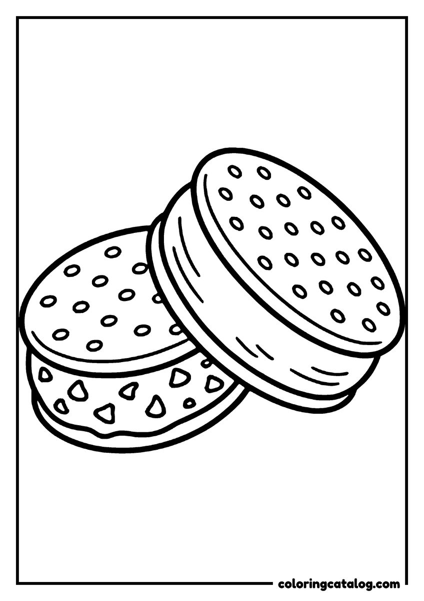 Coloring page: Two round ice cream sandwiches, one lying flat and the other propped against it