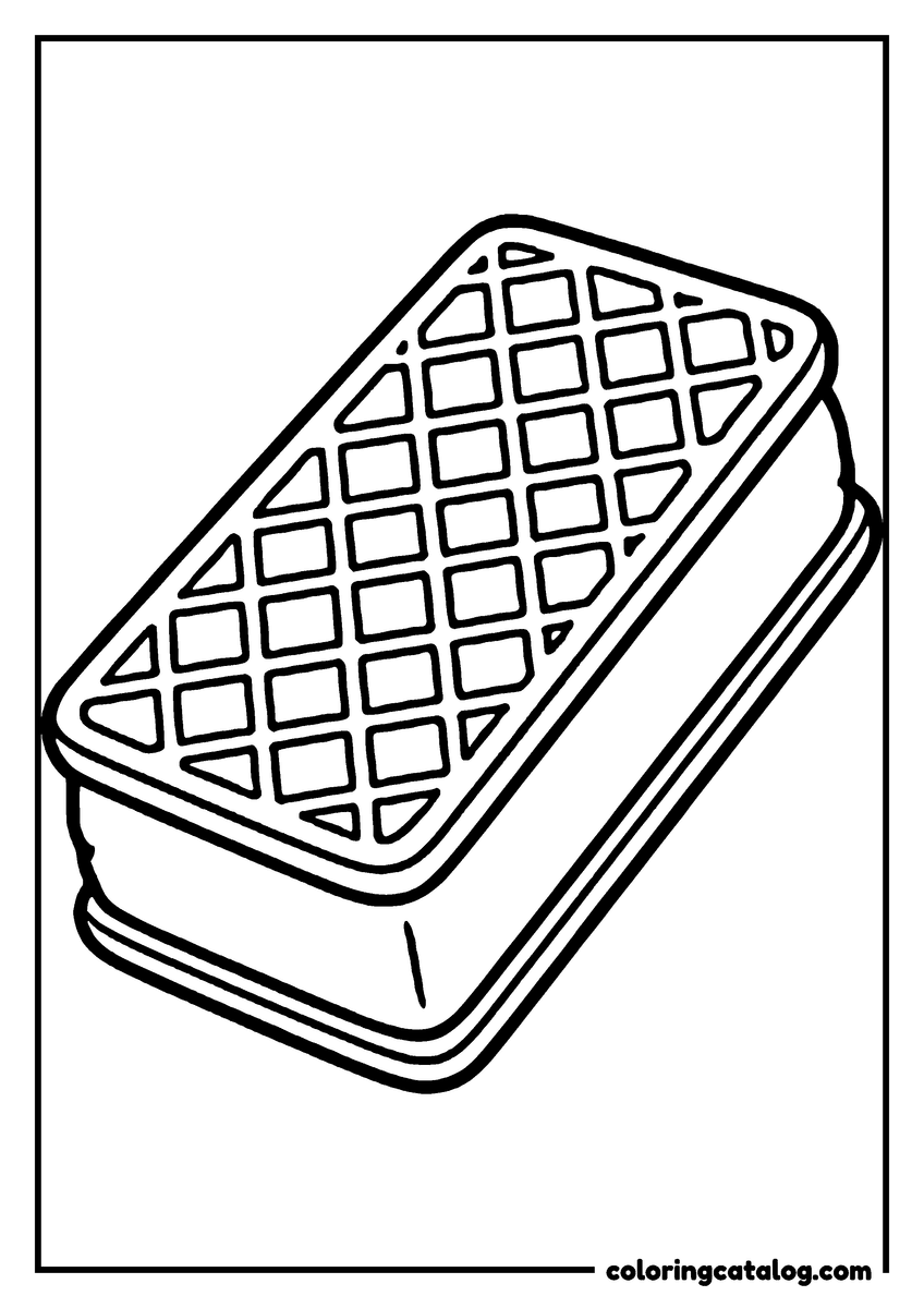 Free printable coloring sheet: A rectangular ice cream sandwich between two waffle wafers, seen from above