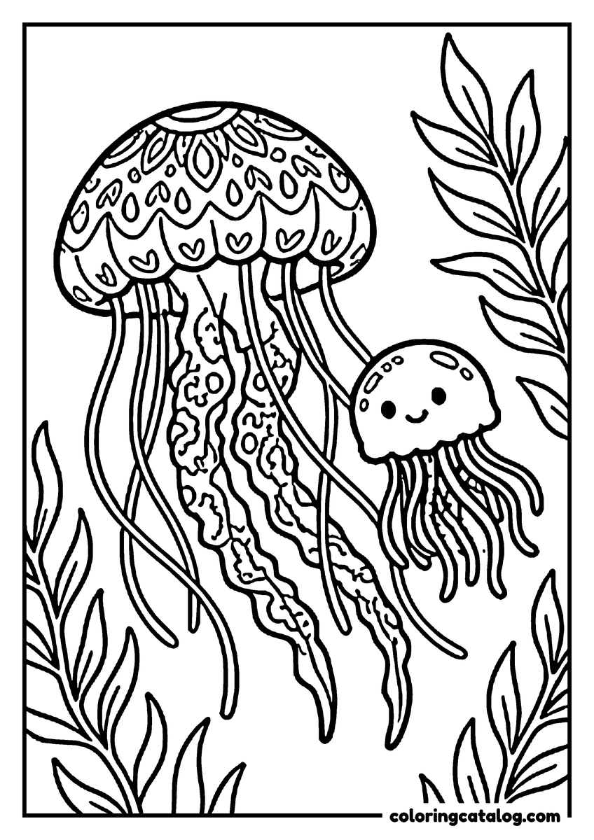 Printable coloring page: A baby jellyfish swimming beside its mother among seaweed
