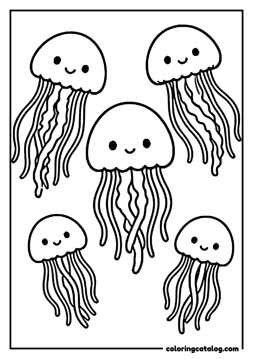 Free printable coloring sheet: A group of five tiny smiling jellyfish drifting together