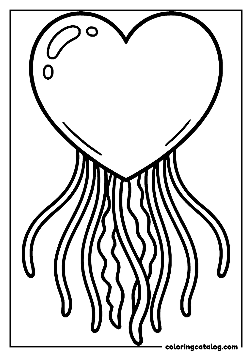 Printable coloring page: A jellyfish with a heart-shaped bell and long tentacles