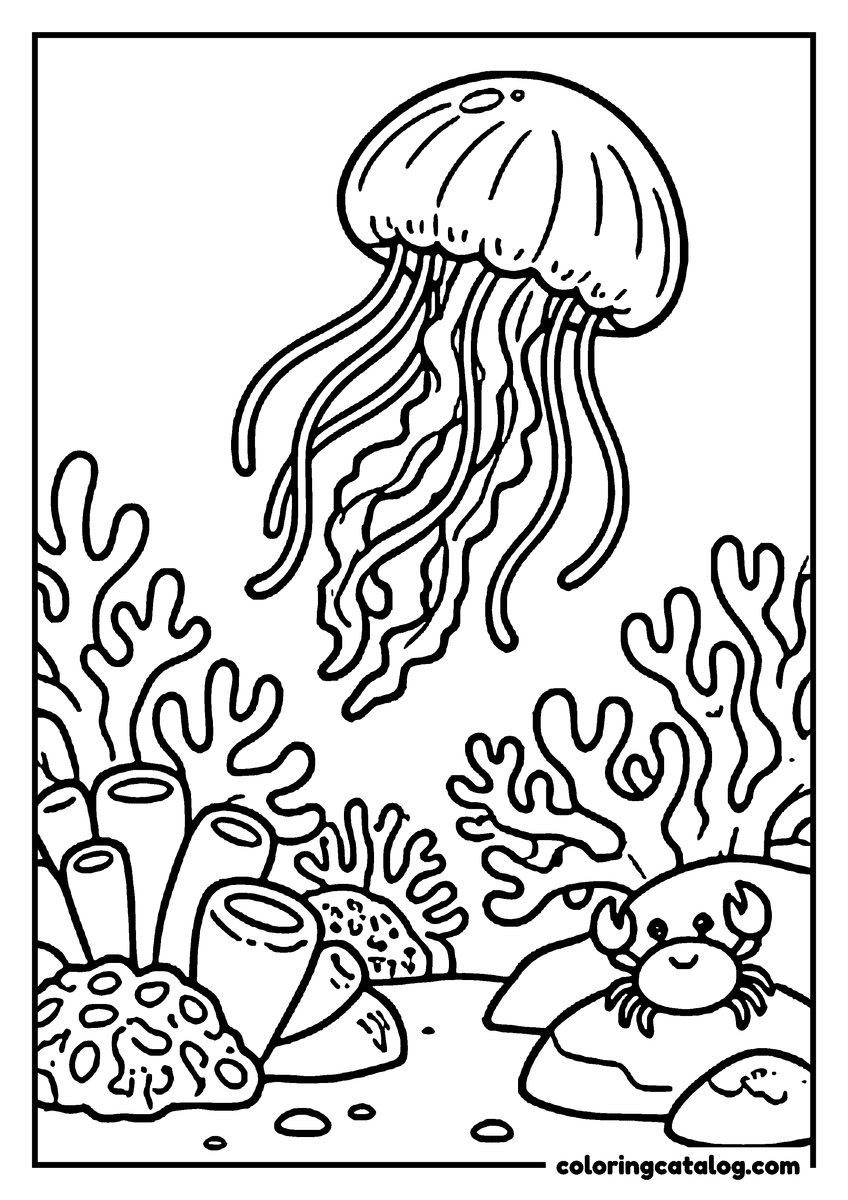 Printable coloring page: A jellyfish floating above a coral reef with a little crab