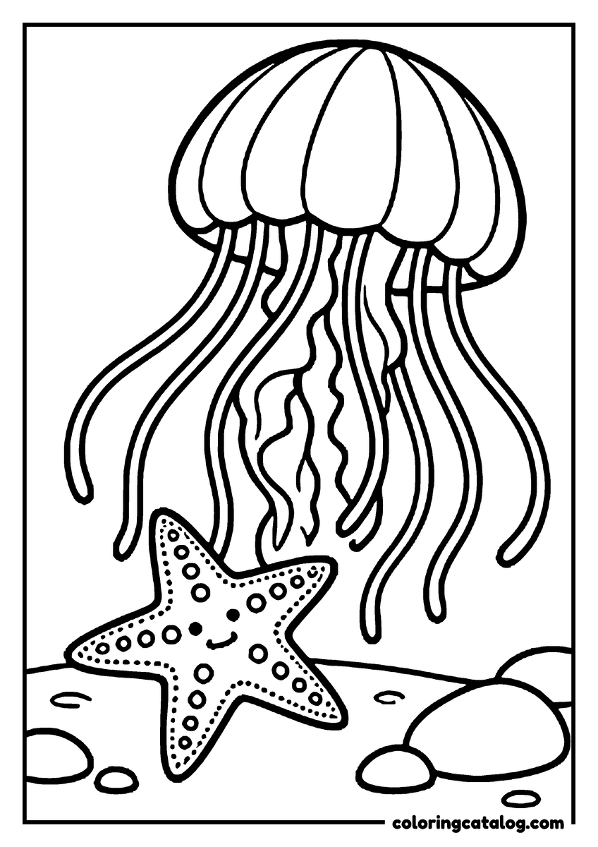 Coloring page: A jellyfish hovering above a smiling starfish on the sea floor