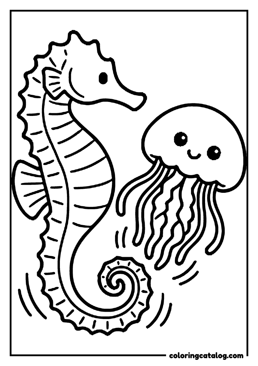 Coloring page: A cute jellyfish swimming next to a seahorse