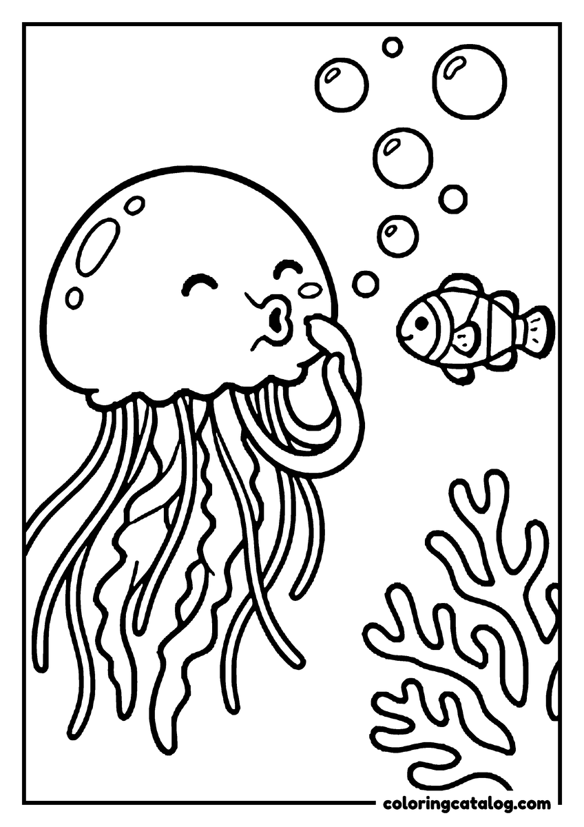 Printable coloring page: A jellyfish blowing bubbles to a clownfish beside the coral