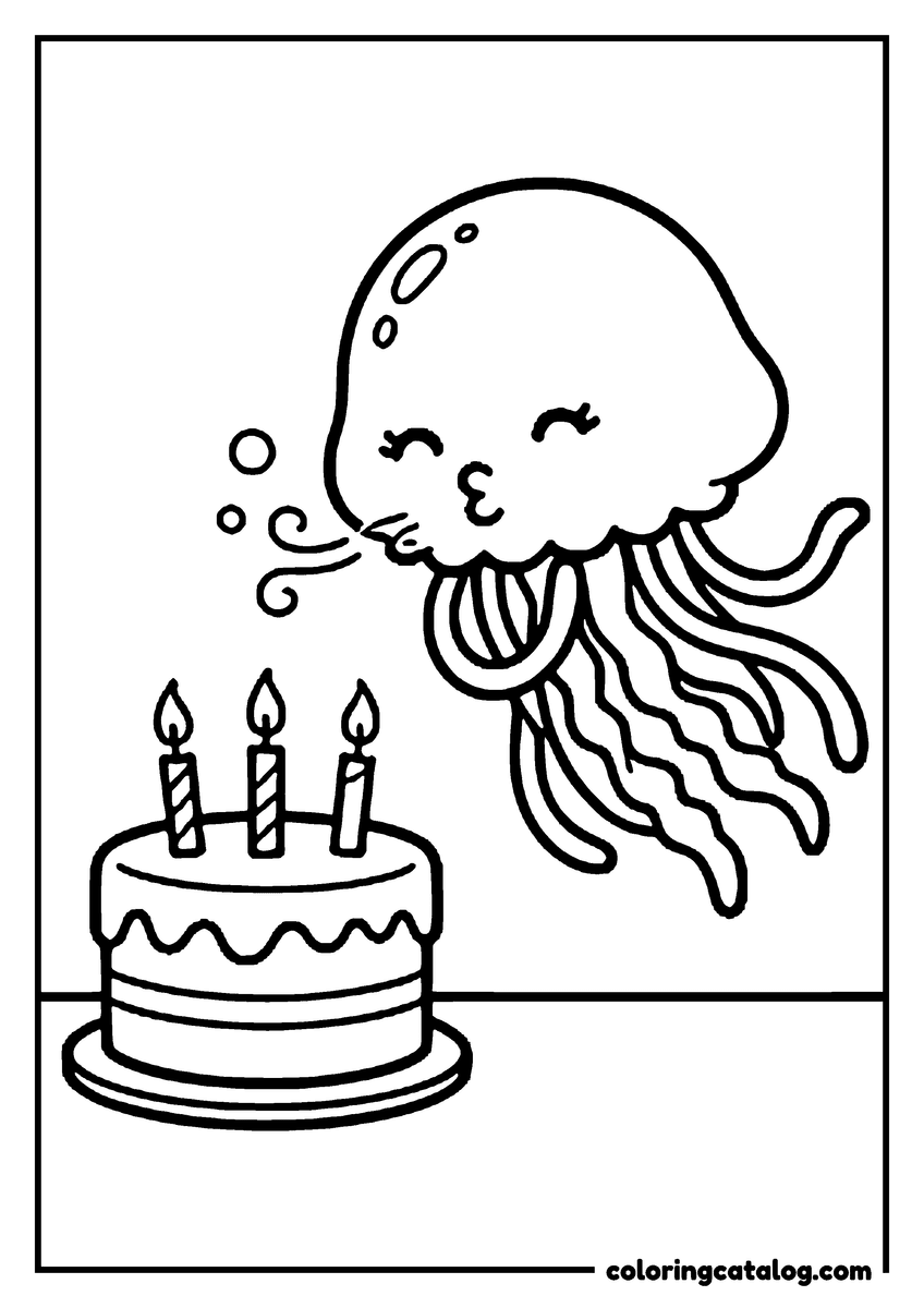 Free printable coloring sheet: A jellyfish blowing out the candles on a birthday cake
