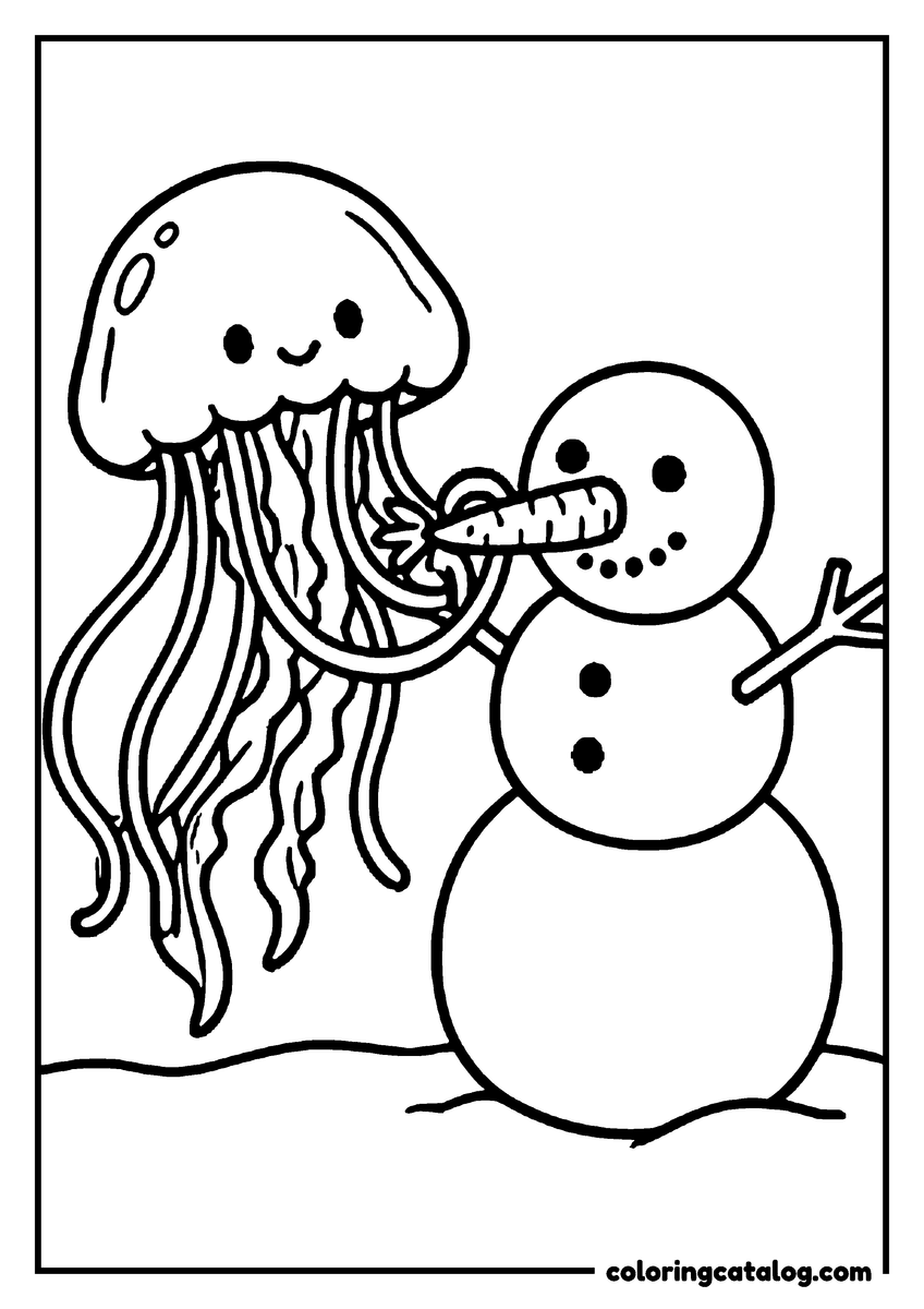 Free printable coloring sheet: A jellyfish giving a snowman its carrot nose