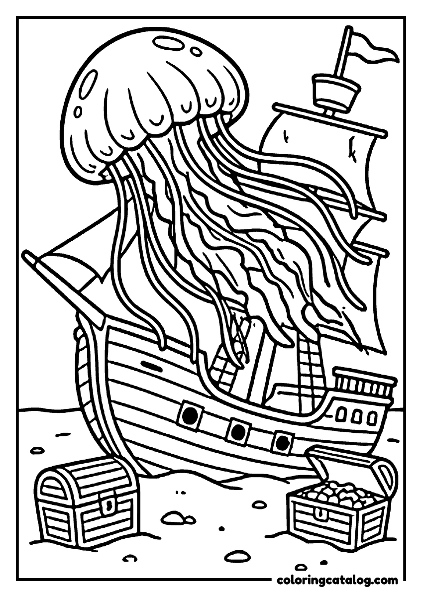 Coloring page: A jellyfish drifting past a sunken ship and two treasure chests