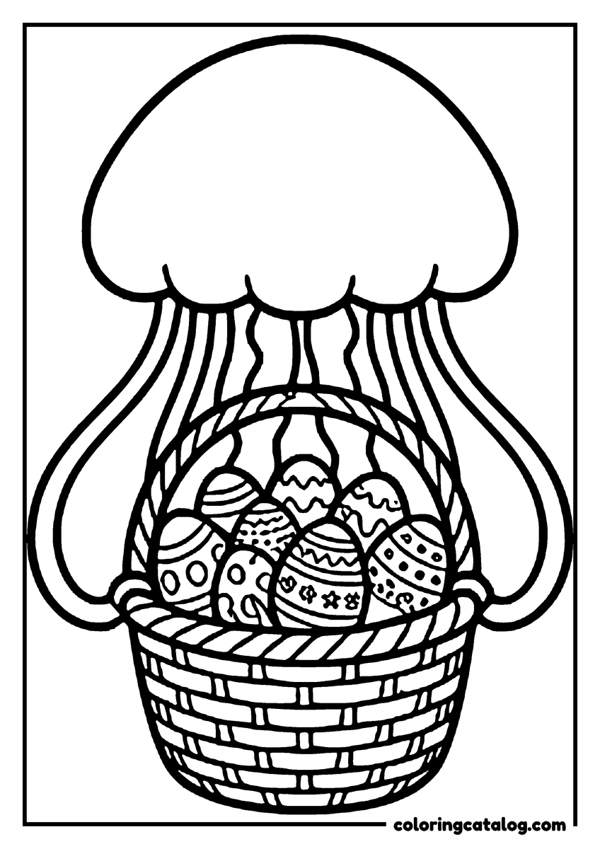 Coloring page: A jellyfish carrying a basket of decorated Easter eggs