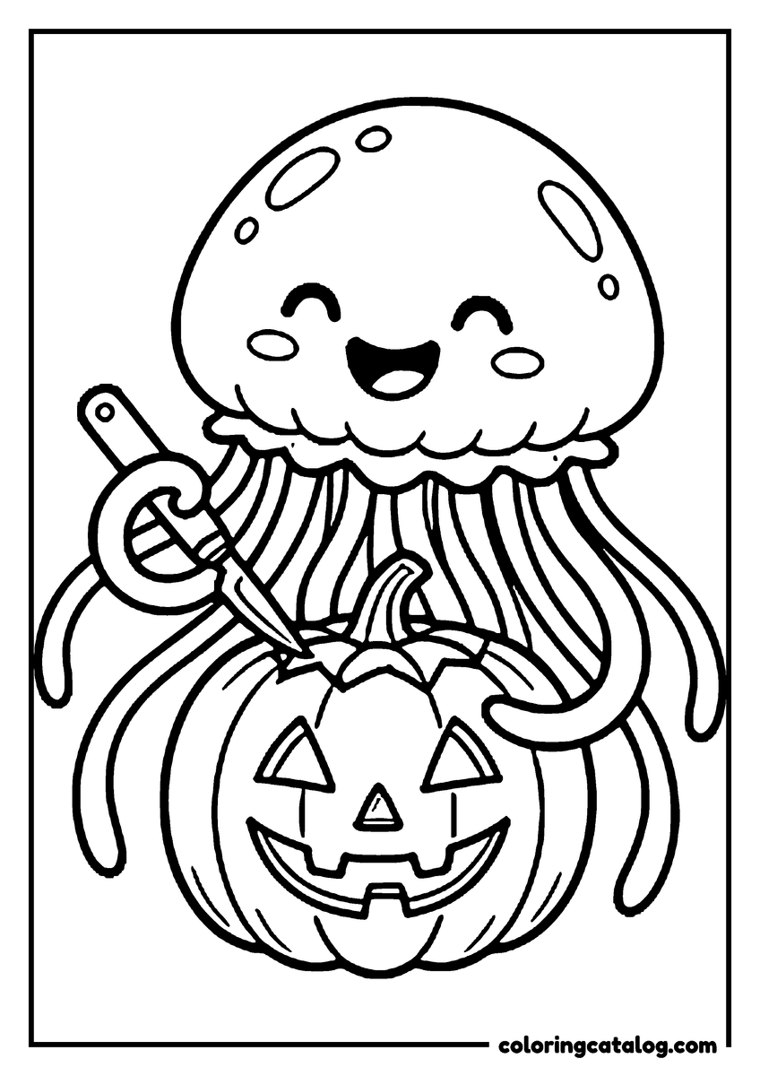 Free printable coloring sheet: A cute jellyfish carving a jack o'lantern with a knife