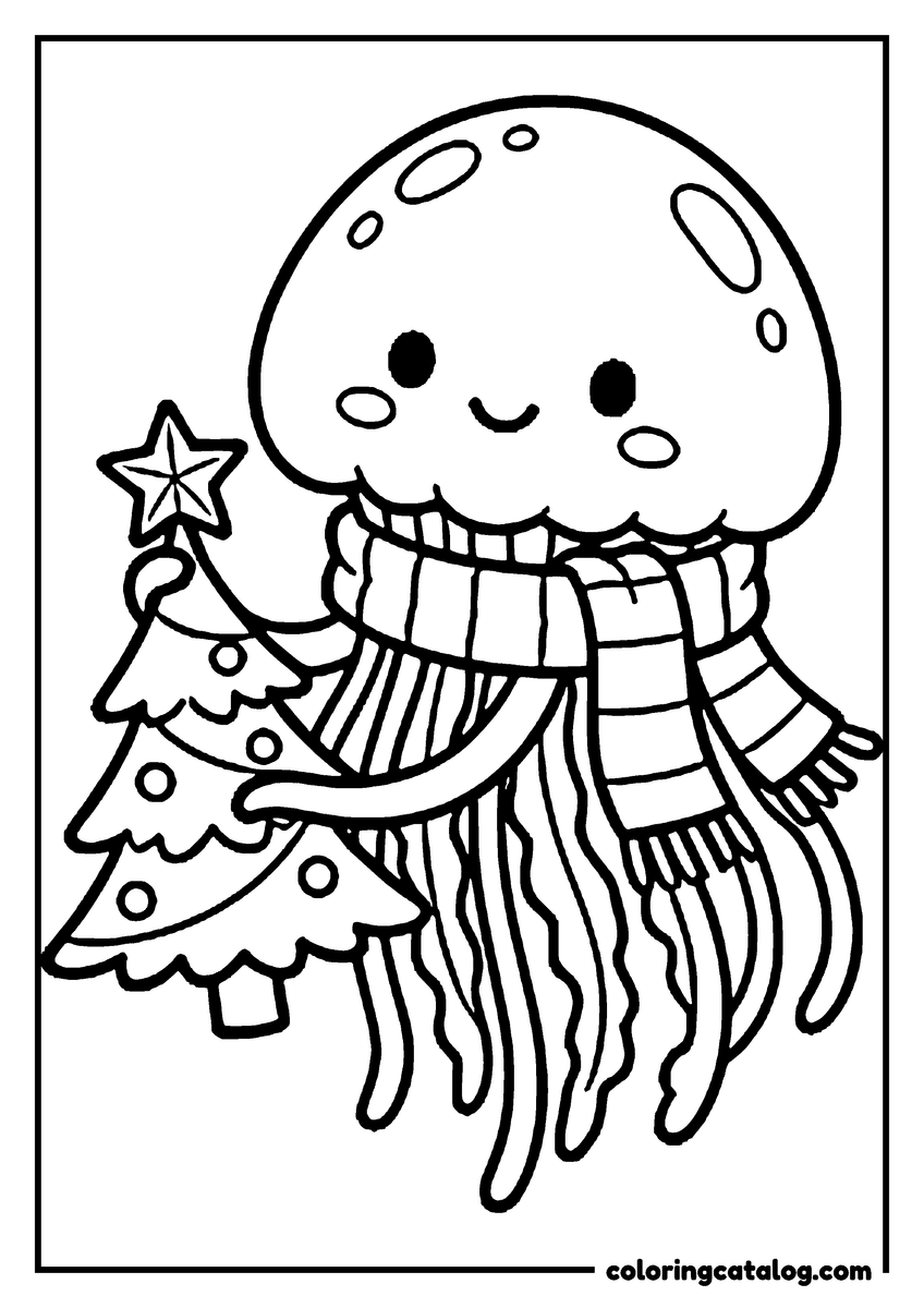 Printable coloring page: A jellyfish in a striped scarf decorating a Christmas tree