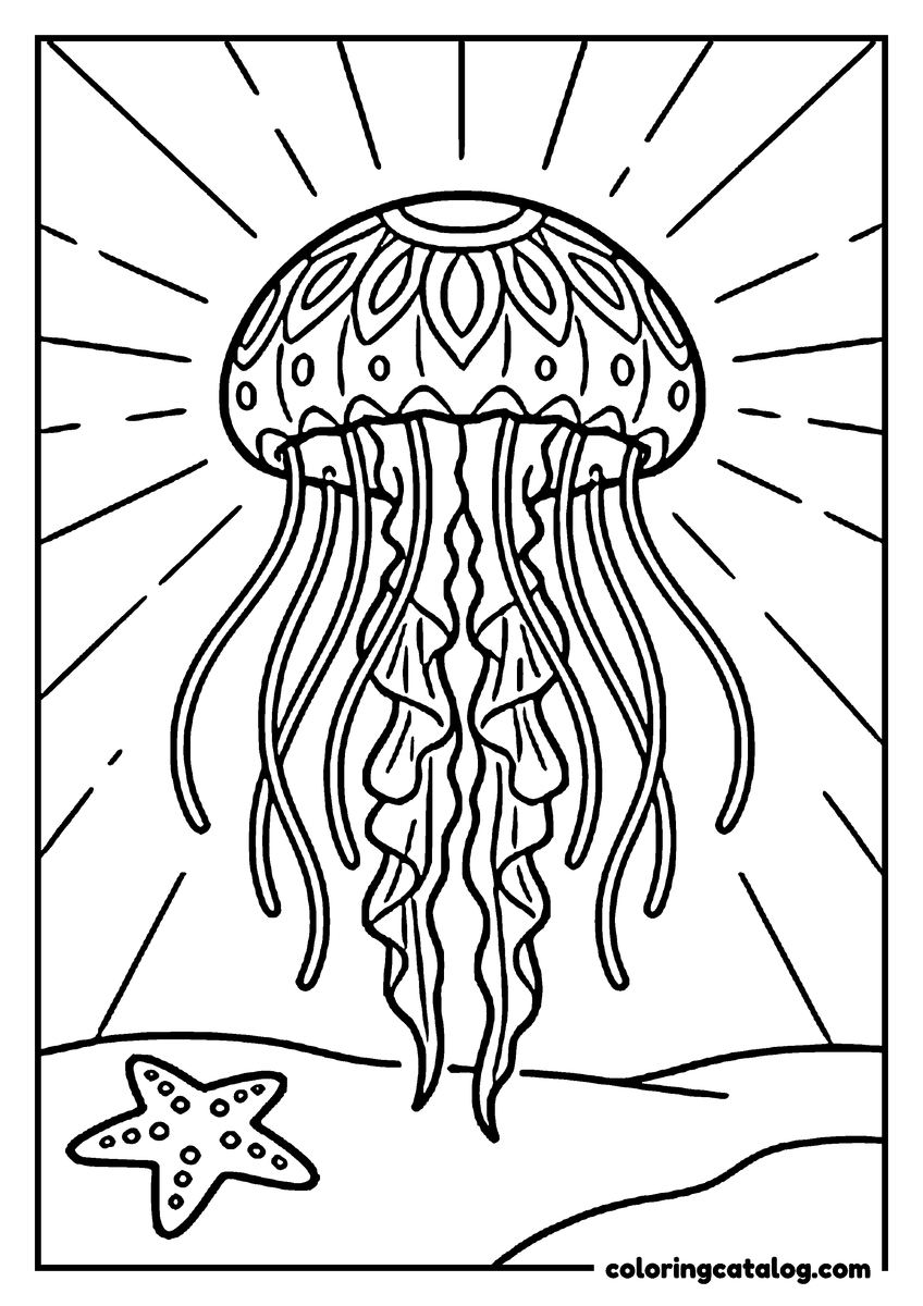 Free printable coloring sheet: A jellyfish with a patterned bell glowing above the sandy sea floor, a starfish below