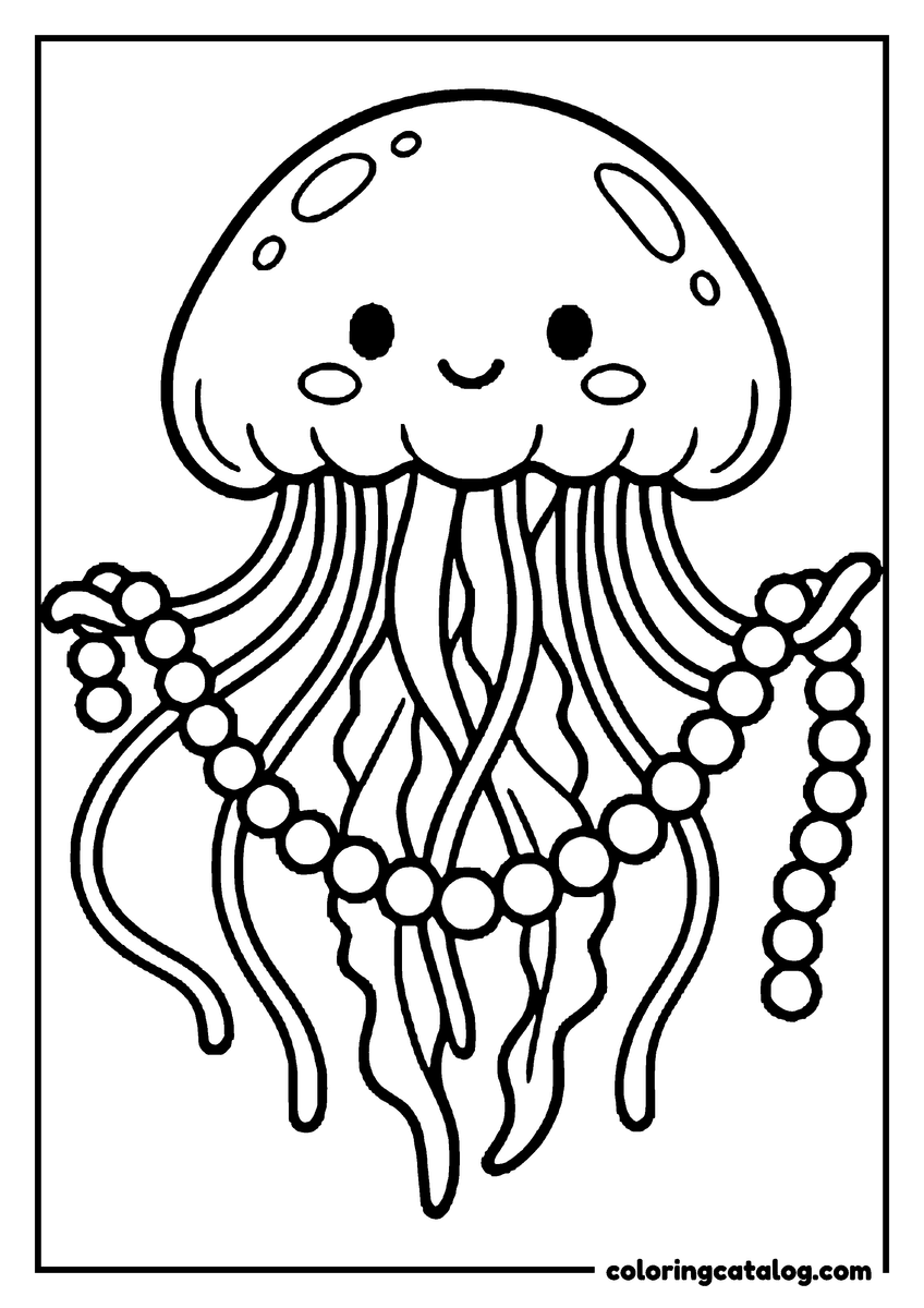 Printable coloring page: A smiling jellyfish holding a long string of pearls